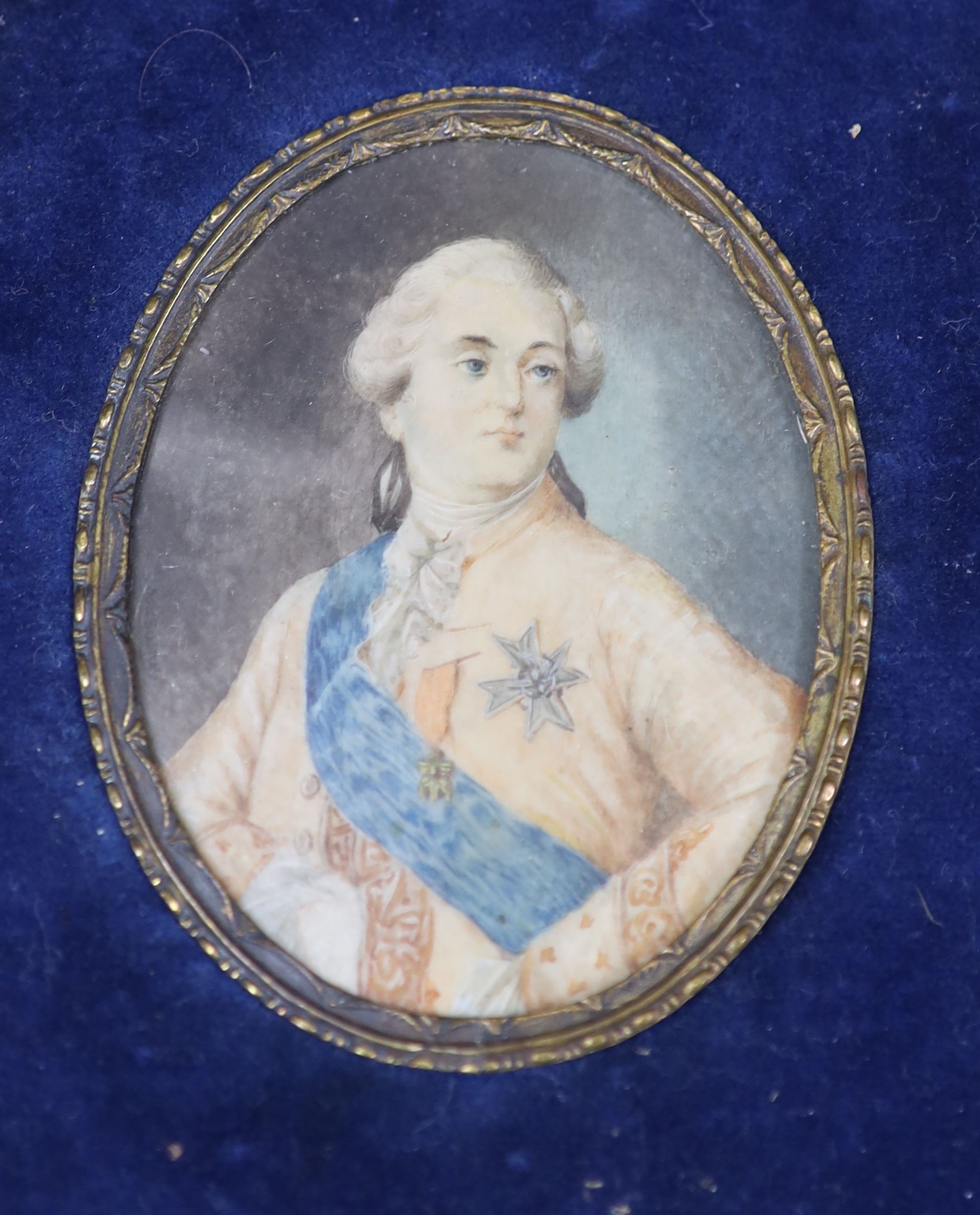 A group of three portrait miniatures, Louis XVI, Marie Antoinette & Monsieur Gillotine, largest 13.5 x 9.5cm.